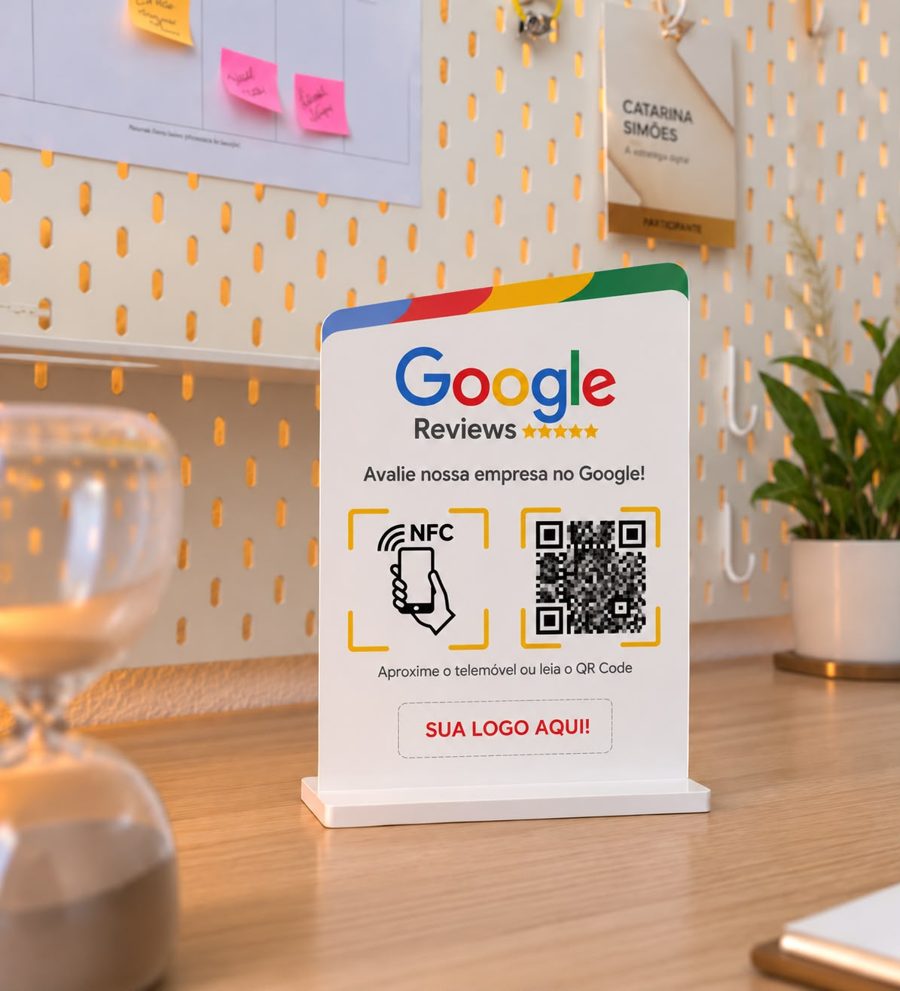 Placa de avaliações com NFC e QR Code sobre um balcão